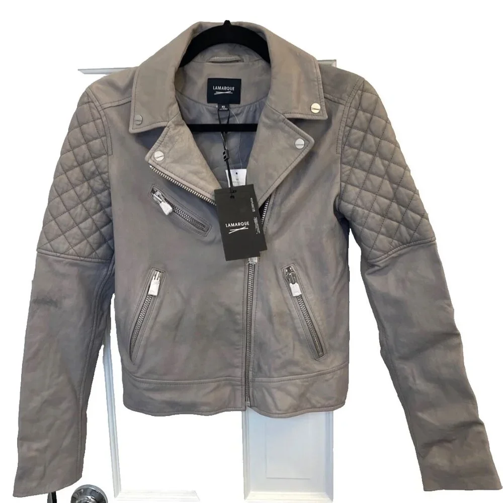 NWT Lamarque Quilted Leather Jacket Marilla Size XS Gravel Grey $675 - Picture 4 of 16
